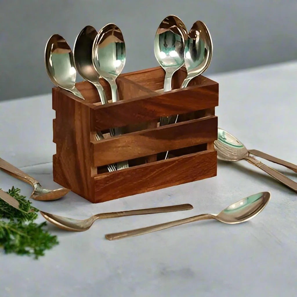 Wooden Cutlery Utensil Holder (2 Partitions)