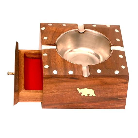 Wooden Cigarette Ashtray, Sheesham Wood Ash Tray with Drawer