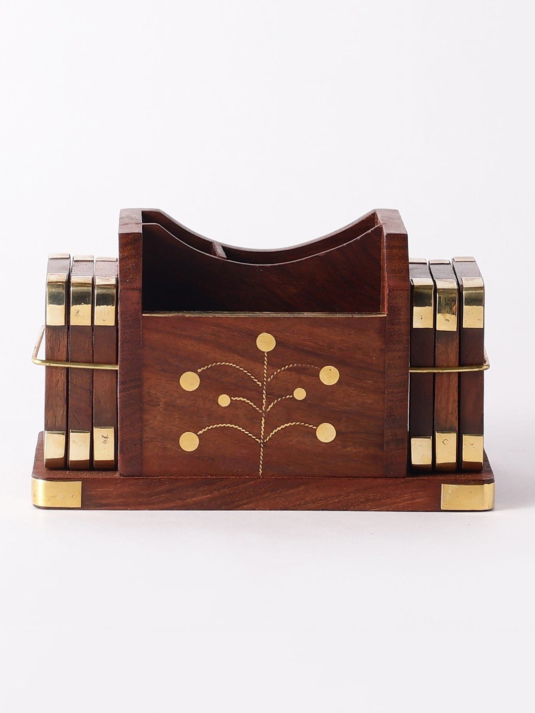 Wooden Cutlery Holder with 6 Pieces Floral Coaster