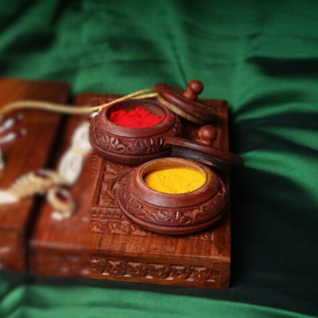 Wooden decorative round shape sindoor box pack of 2