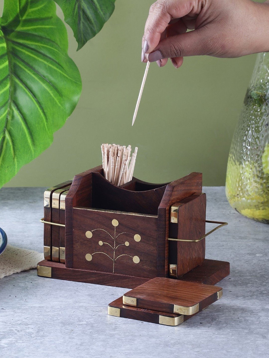 Wooden Cutlery Holder with 6 Pieces Floral Coaster