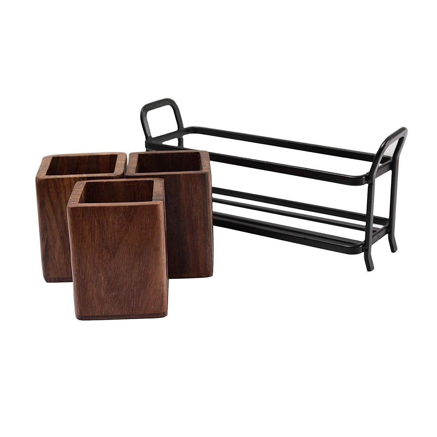 Wooden Cutlery Holder for Dining Table with 3 Wooden jar