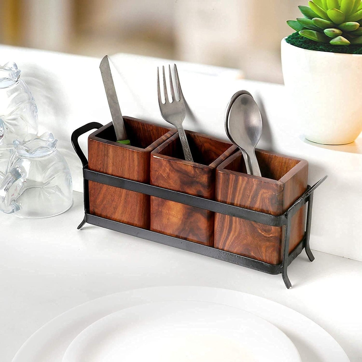 Wooden Cutlery Holder for Dining Table with 3 Wooden jar