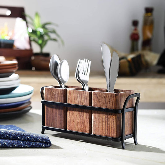 Wooden Cutlery Holder for Dining Table with 3 Wooden jar