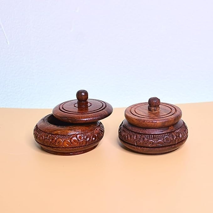 Wooden decorative round shape sindoor box pack of 2