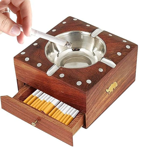Wooden Cigarette Ashtray, Sheesham Wood Ash Tray with Drawer