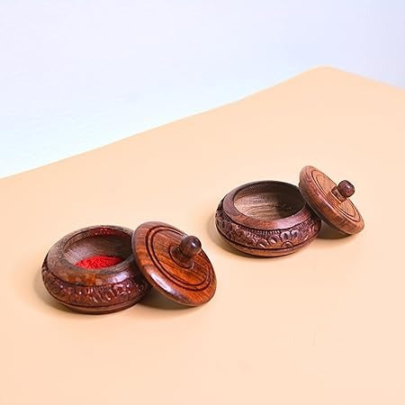 Wooden decorative round shape sindoor box pack of 2