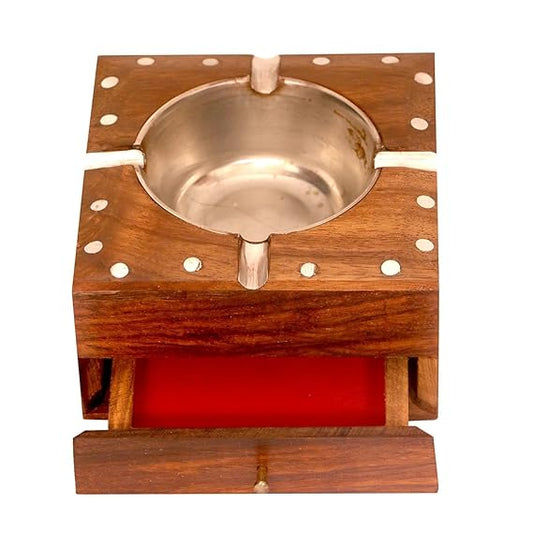 Wooden Cigarette Ashtray, Sheesham Wood Ash Tray with Drawer
