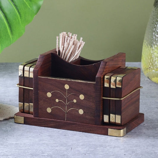 Wooden Cutlery Holder with 6 Pieces Floral Coaster