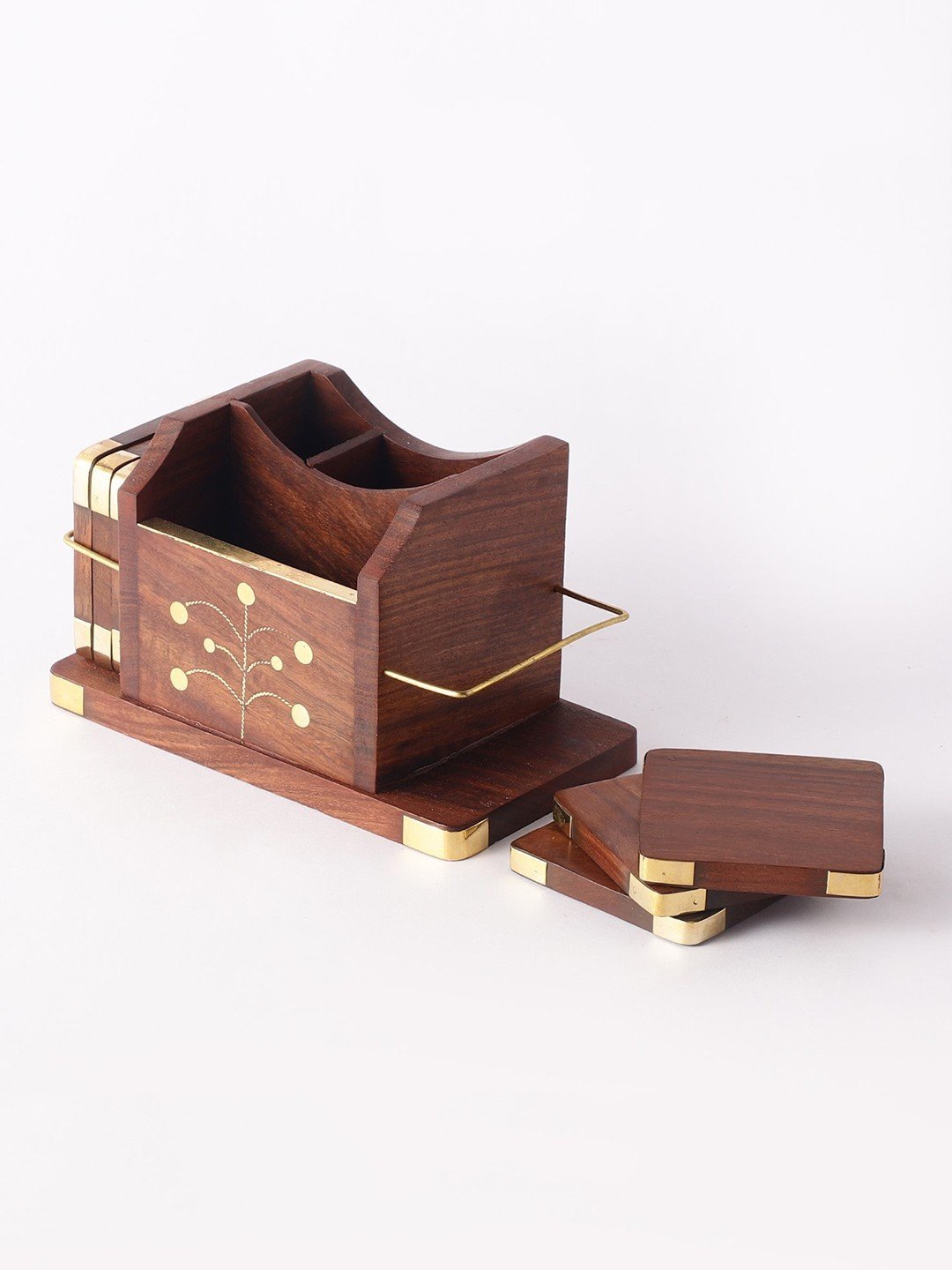 Wooden Cutlery Holder with 6 Pieces Floral Coaster