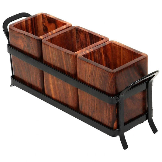 Wooden Cutlery Holder for Dining Table with 3 Wooden jar