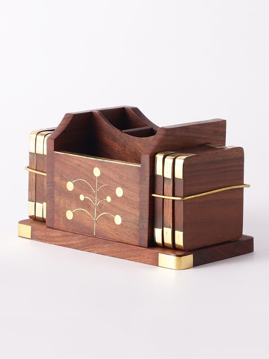 Wooden Cutlery Holder with 6 Pieces Floral Coaster
