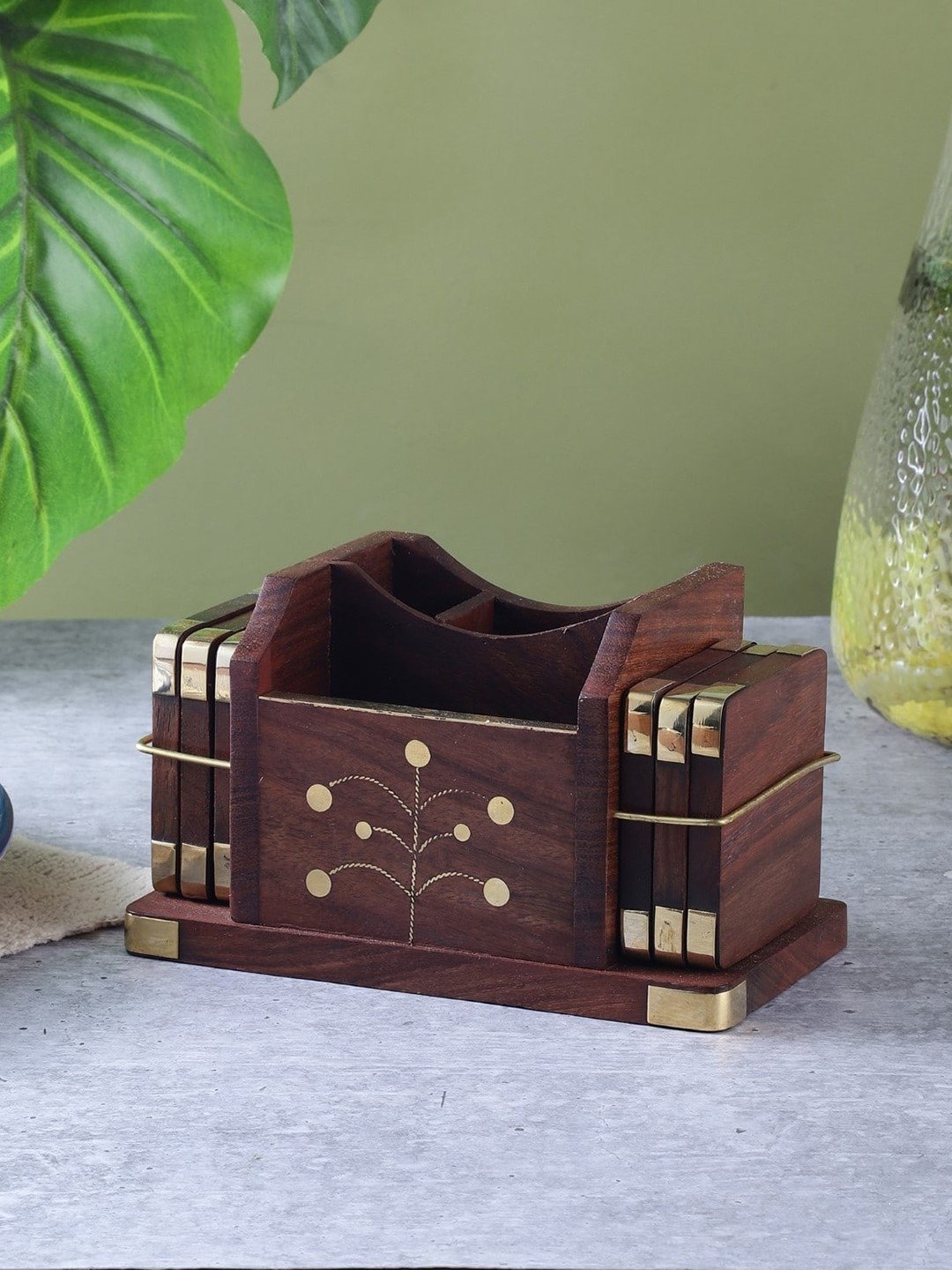 Wooden Cutlery Holder with 6 Pieces Floral Coaster